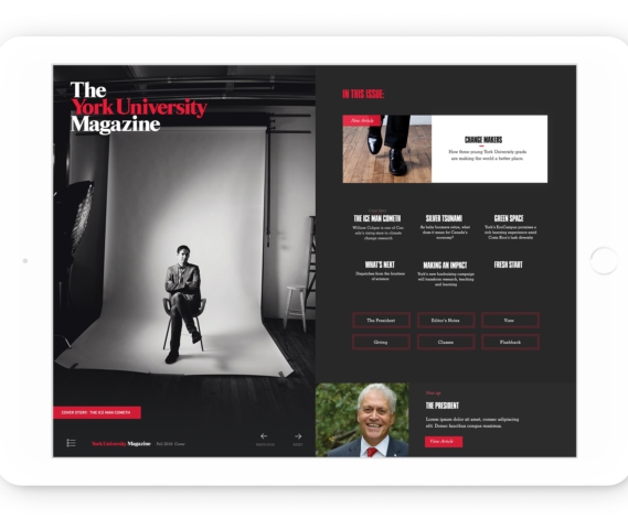 Screenshot of the York University Magazine website framed on a tablet.