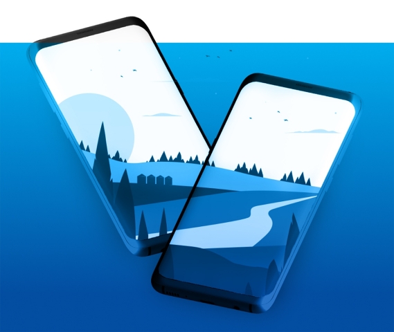 An illustration of two mobile devices with a rural landscape depicted across their screens